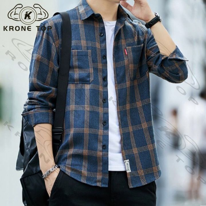 krone-top-เสื้อเชิ๊ตชายลายสก็อตแขนยาวเสื้อ2021ฤดูร้อนเสื้อใหม่สไตล์ญี่ปุ่นเสื้อ