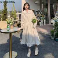 Japanese Lolita Style Spring Fall Women Dress Peter Pan Collar Buttons White Cardigan Dress Cute Kawaii Ruffles Long Party Dress