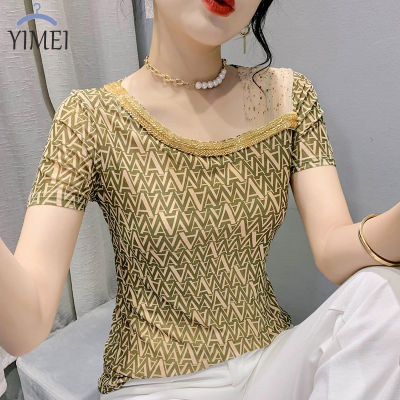 YIMEI 2022 Summer New Design Feel Hot Diamond Womens T-Shirt Slim Fit Slim Print T-shirt Womens Versatile Short Sleeve Mesh Top Women