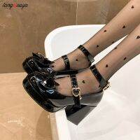ผู้หญิงปั๊ม Mary Jane รองเท้าโลลิต้า Gothic Chunky รองเท้าส้นสูงหญิงผูกคอสเพลย์ Harajuku สีดำรองเท้า Bows หัวใจ