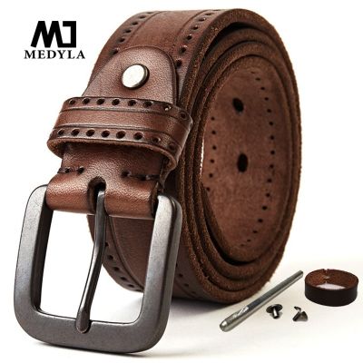 MEDYLA เข็มขัดหนังธรรมชาติของผู้ชายหัวเข็มขัดแบบแข็งเข็มขัดหนังหนังแท้ด้าน105-150ซม. อุปกรณ์เสริมสกรูเข็มขัดกางเกงยีนส์