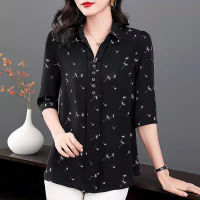 Chiffon Shirt Women Temperament Drape 3/4 Sleeve Tops Large Size Floral Western-style Shirt Womens Blouse