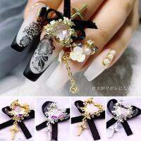 [2ชิ้น] โบแต่งเล็บ โบไดม่อนสุดหรู Luxury Rococo Style Black Lace Cross Nail Art Jewelry Diamond Nail Decoration