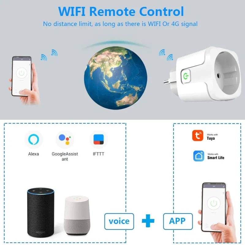 AUBESS Tuya WIFI Smart Socket 16A Work with Alexa Google Home Yandex