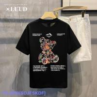 Top LUUD Trendy Brand Fun Bear Print T-Shirt Short-Sleeved Mens Summer New Retro Trend Ruffian Handsome Round Neck Top YY ✎