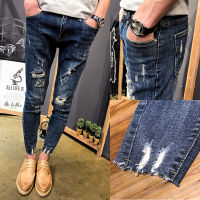 2021Wholesale 2021 teenagers Denim Pants beggar mens slim-fit small feet frayed jeans male stretch social spirit guy pencil pants