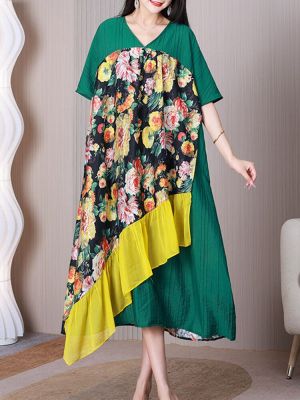 XITAO Dress Women Irregular Casual Patchwork Print Dress