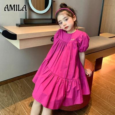 AMILA กระโปรงชุดเดรสแขนพองสำหรับเด็กผู้หญิงกระโปรงทรงหลวมมังกรเด็กผู้หญิงสีผลไม้กระโปรงเด็กผู้หญิง