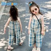 Girls checkered shoulder straps summer Korean version blue checkered suspender loose wide leg jumpsuit for children