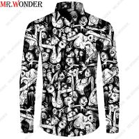 {High-end clothing} Mr. Wonder ความแปลกใหม่3D ผู้ชาย39; S เสื้อลายการ์ตูนอนิเมะสยองขวัญเสื้อเย็นกระดุมลำลองลงชายหาดแขนยาวเสื้อฮาวาย