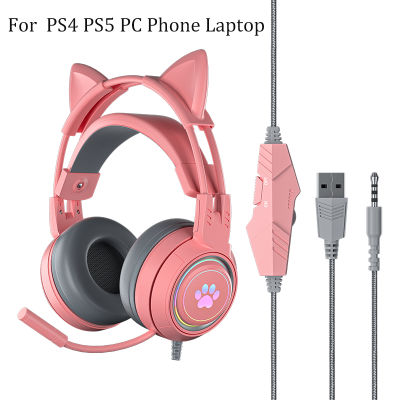 สำหรับ PS5หูฟังพร้อมไมโครโฟนไฮไฟสเตอริโอเบสหูแมวชุดหูฟัง Gamer สาว RGB สีดำสีชมพูหมวกกันน็อคสำหรับแล็ปท็อปพีซีศัพท์ X