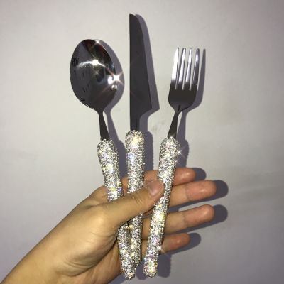 Sparkling Diamond Cutlery Set 3 Piece Knife Fork and Spoon Set 304 Stainless Steel Eco Friendly Travel Flatware Dinnerware Set Flatware Sets