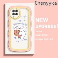 Chenyyka เคส M22ลายหมีสีขาวปลอกสำหรับ Samsung Galaxy A22 4G A22 5G แฟชั่นลายการ์ตูนน่ารักขอบคลื่นเคสโทรศัพท์โปร่งใสน่ารักเลนส์กล้องถ่ายรูปใสกันกระแทกเคสซิลิโคนนิ่ม