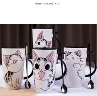 【High-end cups】600มิลลิลิตรน่ารักแมวเซรามิกแก้วกาแฟที่มีฝาปิดช้อนความจุขนาดใหญ่แก้วสร้างสรรค์ Drinkware กาแฟถ้วยชาของขวัญแปลกถ้วยนม