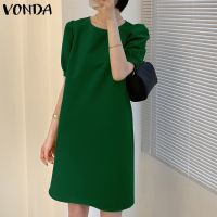 ☬ Vonda ชุดเดรสสั้น คอกลม แขนสั้น จับจีบ สีพื้น สไตล์เกาหลี แฟชั่นฤดูร้อน สําหรับผู้หญิง