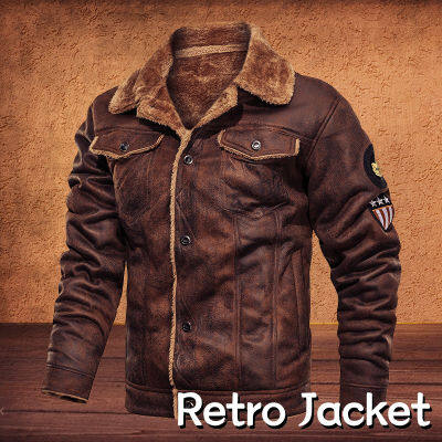 Mens Jackets and Coats Retro Style Suede Leather Jacket Men Leather Motorcycle Jacket Fur Lined Warm Coat Winter Velvet Overcoat