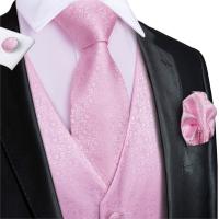 Hi-Tie Mens Vest Suit Pink 100 Silk For Wedding Peach High Quality Coral Waistcoat Vest for Men Pocket Hanky Cufflinks Set