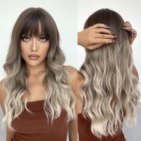 【LZ】✎⊕  ALAN EATON Long Wave Synthetic Wigs with Bangs Omber Ash Brown Blonde Wigs for Women Cosplay Party Daily Heat Resistant Fiber