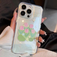 IPhone Case HD Acrylic Hard Case High Clear Case Luxury Metal Button Protection Camera Shockproof Tulips Flower Compatible with IPhone 14 Pro Max