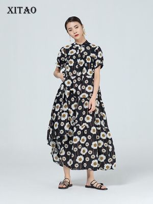 XITAO Chiffon Print Dress Romantic Summer  Casual Loose Folds Women Dress