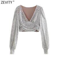 Zevity ผู้หญิงเซ็กซี่ลึกคอ V สั้นประดับด้วยเลื่อมเปื้อนเสื้อเลดี้เก๋จีบพัฟแขนพรรคสวมเสื้อพืช B Lusas ท็อปส์ LS9954