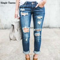 2021 Spring Fashion Vintage Jeans Women Cotton Spandex Bleached Ripped Jeans Push Up Hole Moustache Effect Skinny Denim Pants