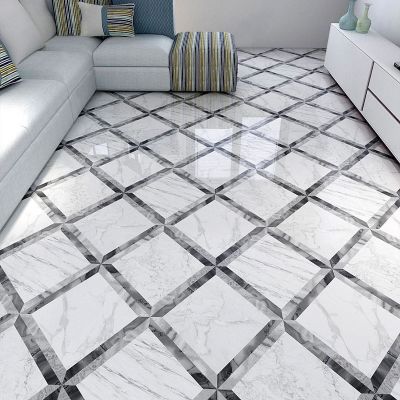 【LZ】✆∏♚  3D Flooring Mural Modern Jazz White Marble Tiles Wallpaper Living Room Bedroom Bathroom 3D Self-Adhesive Waterproof PVC Stickers