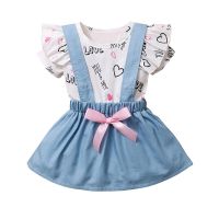 Baby Girl Two Piece Set Fly Sleeve Round Neck Lettering Heart Pattern Printed Shirt Elastic Bow Decor Skirt For Valentines Day  by Hs2023