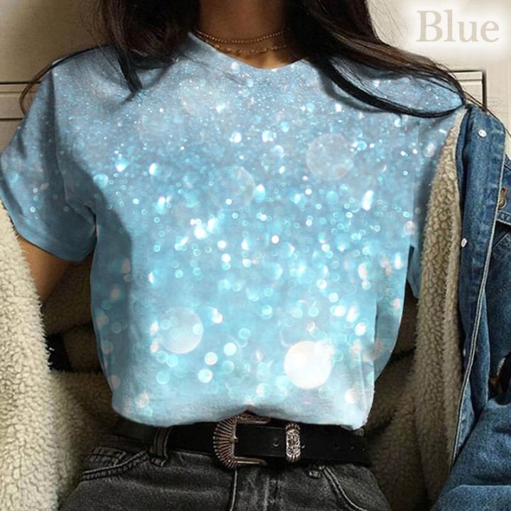 เสื้อเบลาส์สำหรับผู้หญิงเสื้อยืดคอกลมแบบลำลองใหม่สีแบบเสื้อยืดพิมพ์ลาย