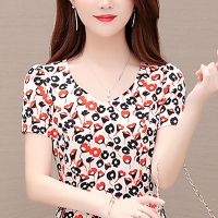 loral Dress Korean Peplum Slim Dresses Fashion Short Sleeve V-Neck A-Line Dress Lady Printed Dresses Plus Size