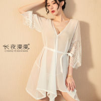 Long Night Sexy Lingerie Womens Pajamas Sexy See-Through Cardigan Adult Underwear Bed Bathrobe Home Wear 1533