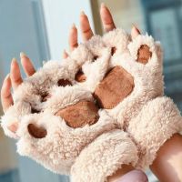 Soft Warm Plush Cat paw Gloves Fingerless Flip Half Finger Mittens Women Winter Cute Cat Paw Fluffy Velvet Glove Girls Students