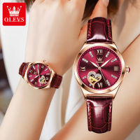 OLEVS 6636 Automatic Mechanical Fashion Women Wristwatches Genuine Leather Band Waterproof Watches For Women Luminous Perspective Window