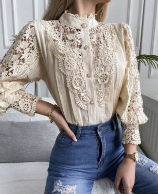 2023 summer in Europe and the speed to sell through selling lace collar sexy sexy long-sleeved shirt female clothing