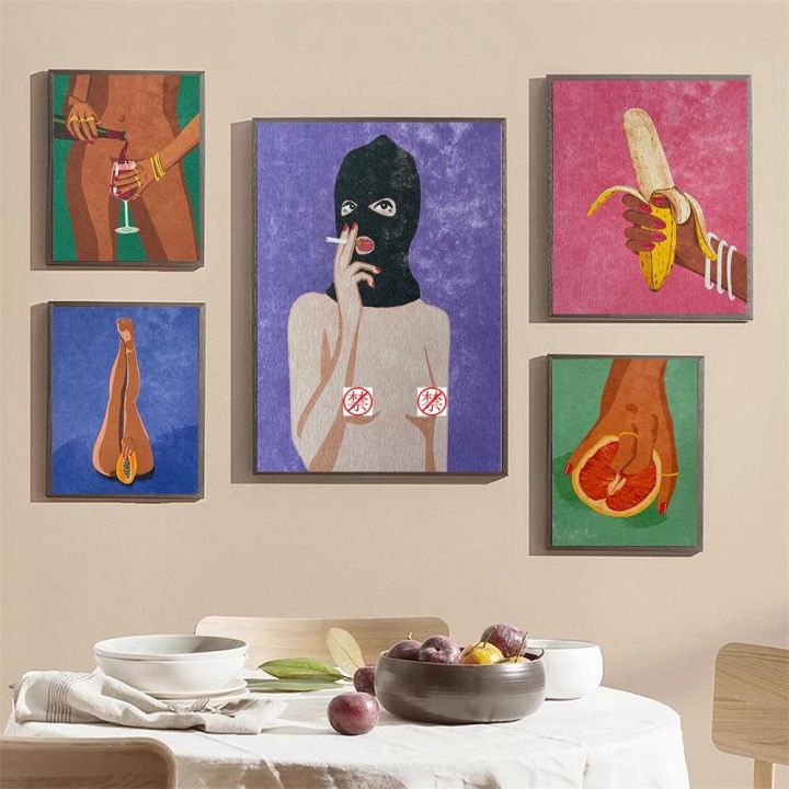 fruit-love-illustration-raissa-sexy-woman-canvas-painting-my-body-banana-wine-poster-print-wall-art-room-home-decor-abstract-hd