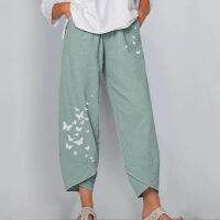 Vintage Summer Linen Pants Women Casual Harem Pants Floral Printed Elastic Waist Wide Leg Pants Female Loose Trousers Plus Size