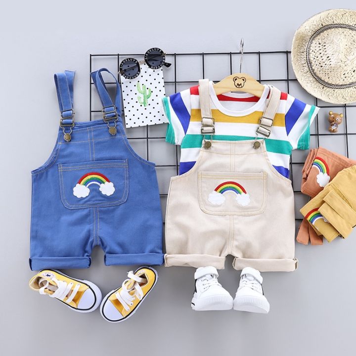 mengqi-2021-new-baju-baby-boys-and-girls-pure-cotton-stripe-short-sleeve-rainbow-back-belt-pants-2-sets-of-quality-childrens-wear