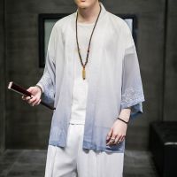 、’】【= 2022 New Hanfu Men Ice Silk Cardigan Shirt Men Chinese Style Open Stitch Outwear Man Robe Trench Sun Protection Tops