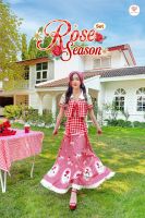 Rosie Season Set เดรสสีแดงพิมพ์ลายแต่งดอกไม้สีแดงสดใสพร้อมเสื้อเชิ้ตคลุมใส่ได้หลากหลายแบบใส่ไปเที่ยว ไปคาเฟ่ เหมาะมากก