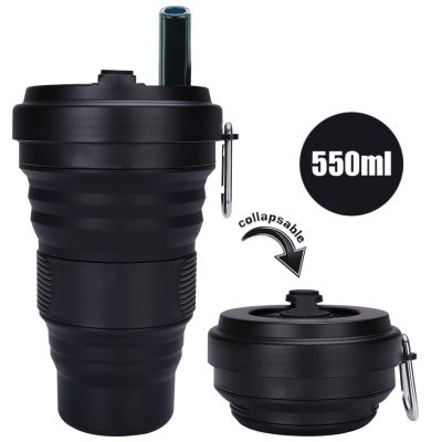 【High-end cups】ถ้วยกาแฟซิลิโคนพับได้พร้อมฝาฟาง550มล. FoldingLeakBPA ฟรี ReusableWater Bottleblack