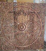 Wood Carving Panel 90 x 90 cm ฺBrown Wash Lotus Wooden Plaque Wall Art Hanging Mandala Bohemian Wooden Plaque Home Decor Chiang Mai Wood Thai Art ไม้แกะสลัก 90 x 90 cm