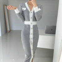 SMTHMA  New Autumn Winter V-Meck Sweater Dress Korea Chic Single-Breasted Houndstooth Knit Long Dress Vestidos