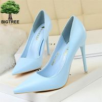 HOT★ BIGTREE Soft Leather Shallow Fashion Women 39;s High Heels Shoes Candy Colors Pointed Toe Women Pumps Show Thin Female Office Shoe