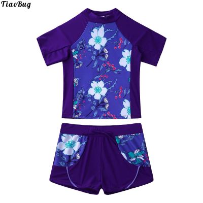 ❐❅☾ TiaoBug Summer 2Pcs Kids Girls Flower Print Swimsuit Round Neck Short Sleeves Top And Boyshorts Swimwear Beach Bathing Pool Suit