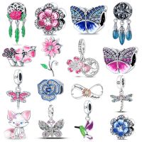 Blue Butterfly Sparkling Pansy Flower Charm silver 925 jewelry For Pandora 925 Original DIY Bracelet Bangle Jewelry Making Beads