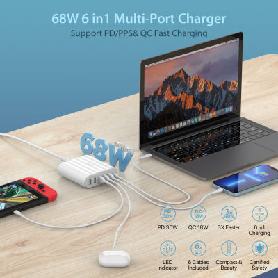 SooPii 68W USB C Charger 6พอร์ตสถานีชาร์จ USB 30W Pdpps และ18W QC Fast Charging 6สายผสมสำหรับศัพท์แท็บเล็ต