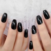 Classic Black UV Coffin False Nails Pure Solid Color Ballerina Fake Nail Artificial Extension Tips for Finger Free Glue Sticker