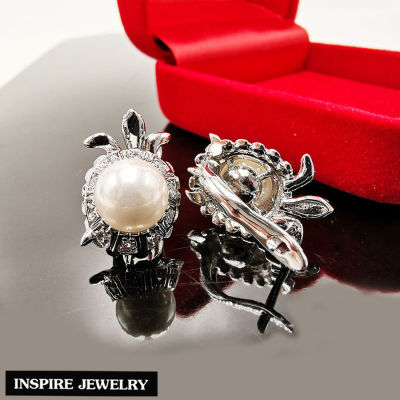 Inspire Jewelry ,ต่างหูมุก ประดับรูปเต่า ฝังเพชรสวิส หุ้มทองคำขาว ขา Lock สวยหรู
