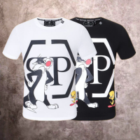 PHILIPP PLEIN เสื้อผ้าเสื้อยืดลำลองผู้ชายแขนสั้นขนาดใหญ่พิเศษ,คุณภาพสูงพิมพ์ลายตัวอักษรการ์ตูน2023