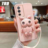 YBD 2023ใหม่เคสป้องกันโทรศัพท์เคสสำหรับ Vivo Y76 Y76S 5G เคสกระต่ายน่ารักการ์ตูนพร้อมขาตั้ง Y75 T1 5G นิ่มเคลือบอิเล็กโทรดเคสแถมฟรีสายคล้องโทรศัพท์